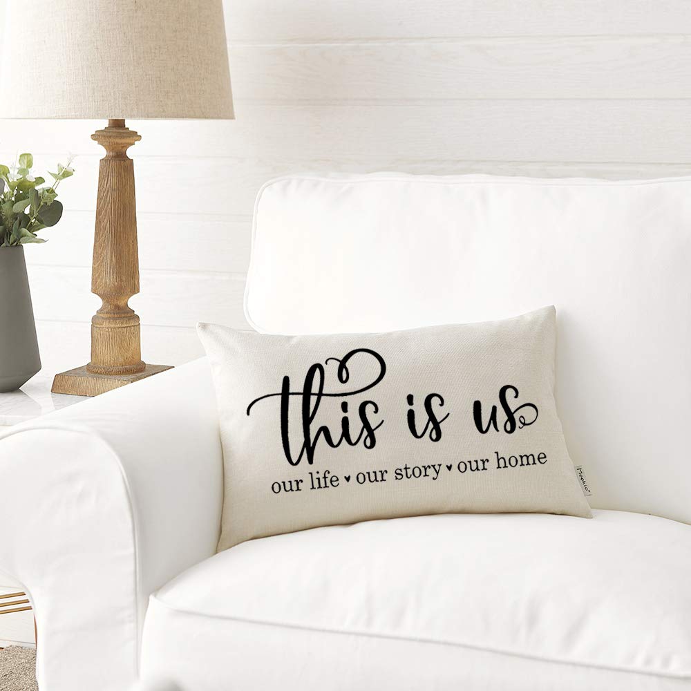 Meekio Farmhouse Pillow Covers with This is Us Quote 12" x 20" Farmhouse Rustic Décor Lumbar Pillow Covers with Saying Housewarming Gifts Family Room Décor