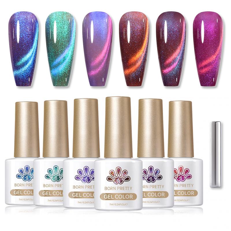 Born Pretty Magnetic Gel Nail Polish Set,Purple Blue Cat Magnetic Eye Gel Jelly Glass Crystal Magnetic Gel Polish Nail Art Manicure Kit 6PCS