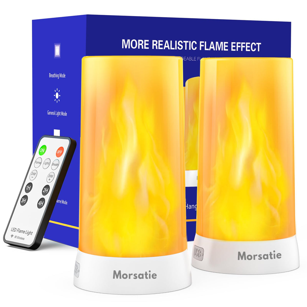 Morsatie Upgraded LED Flame Light, Rechargeable Flameless Candles with Remote & Timer, 4 Modes Battery Operated Candles, Waterproof LED Candles with Upside Down Effect for Indoor Outdoor 2 PCS