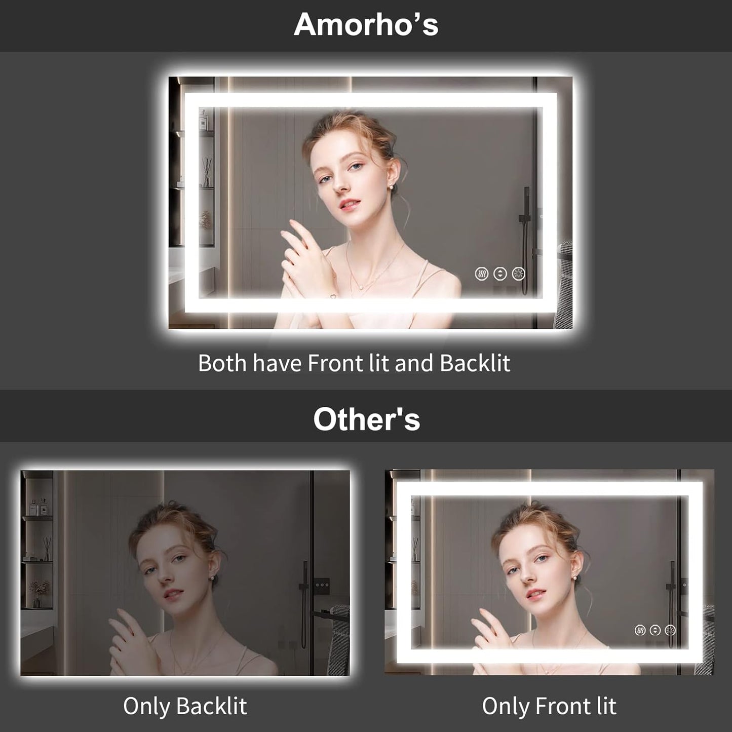 Amorho LED Bathroom Mirror 48'' X30'' with Front and Backlit, Stepless Dimmable Wall Mirrors with Anti-Fog, Shatter-Proof, Memory, 3 Colors, Double LED Vanity Mirror (Horizontal/Vertical)