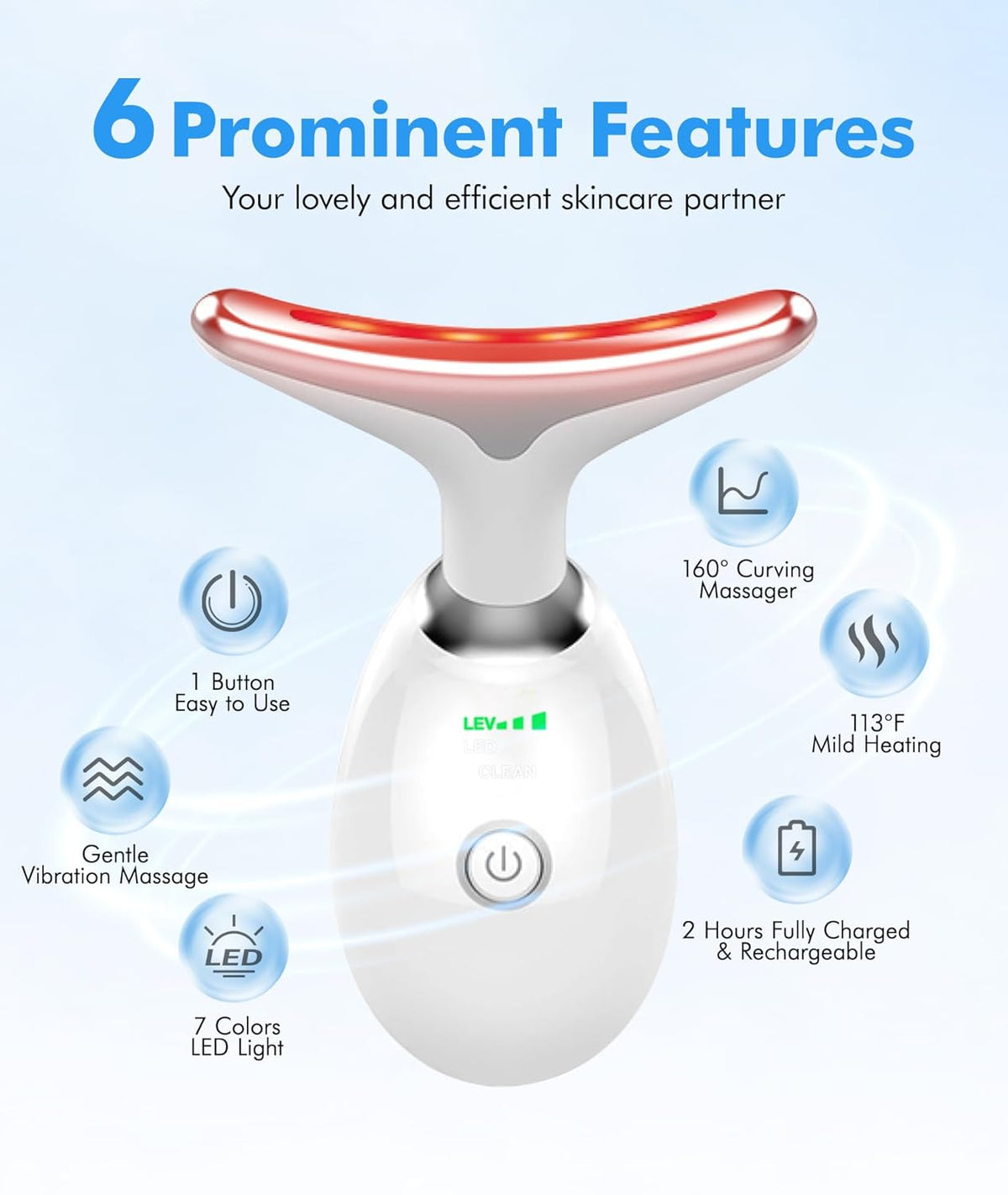 Red-Light-Therapy-for-Face-and-Neck, 7 Color Face Massager Tool for Wrinkles, Double Chin, Vibrating Facial Massager with Thermals for Skin Care, Glossy White