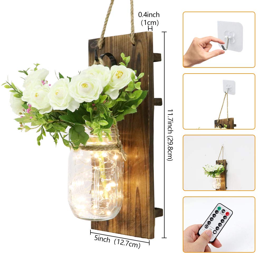 AerWo 2Pcs Mason Jar Sconces Wall Decor, Handmade Rustic Sunflower Wall Decor with LED Fairy Lights and Flowers, Hanging Mason Jar for Farmhouse Kitchen Decorations Living Room Lights