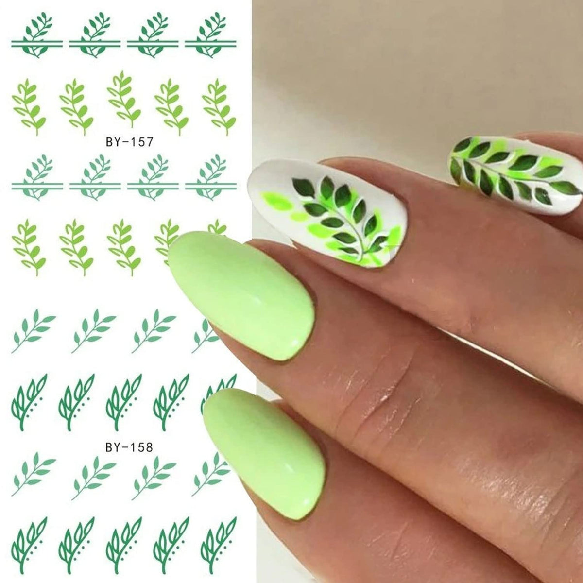 Summer Nail Art Sticker Water Transfer Decal Green Blue Floral Flower Design for Acrylic Nails - Manicure Supplies 12 Sheets (Green)