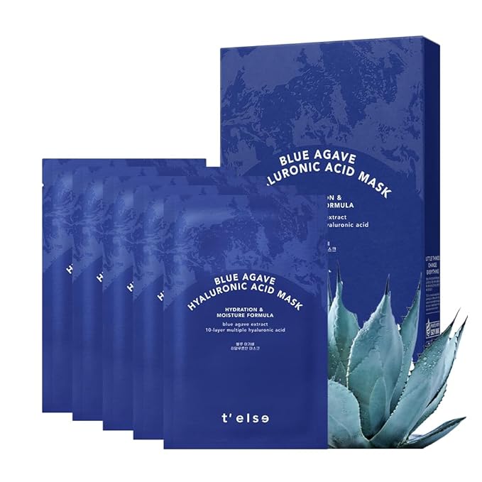 T'ELSE Blue Agave Hyaluronic Acid Mask 25ml*5ea, Watery Sheet Facial Mask with Close Adhesion, Moisturizing Facial Essence with Excellent Hydration, Long-Lasting Moisturizing, Korean Skin Care