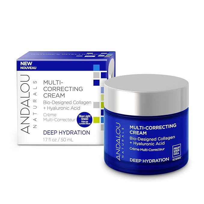 Andalou Naturals Deep Hydration Face Moisturizer Multi-Correcting Cream - Daily Skincare With Hyaluronic Acid, Vegan Collagen, & Fruit Stem Cells - Repair Skin Elasticity & Boost Hydration - 1.7 fl oz