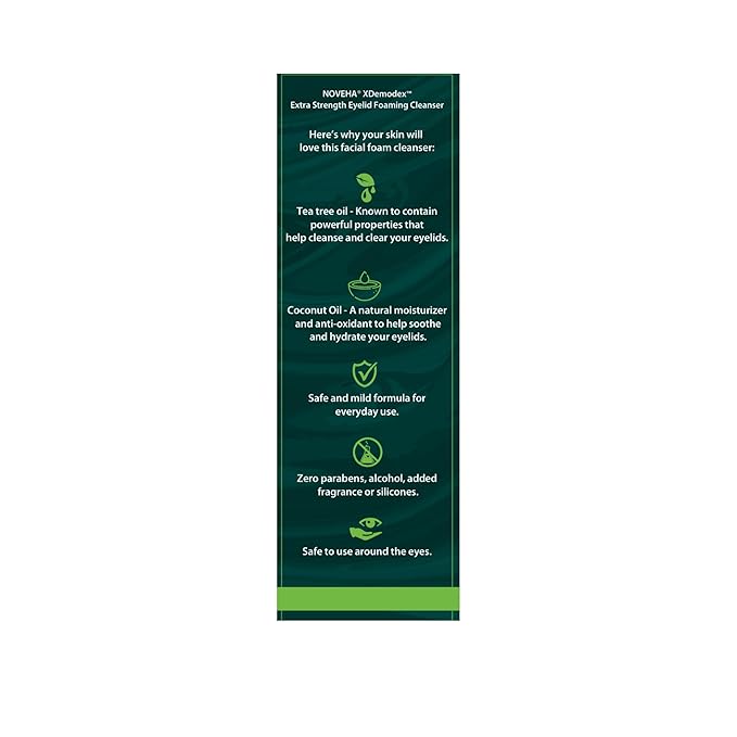 NOVEHA Demodex Eyelid Cleanser Foam | Extra Strength Tea Tree Oil Formula | Daily Face Wash For Eyelash, Demodex, MGD, Stye Eyes, Eye Irritations & Skin Dryness, 3.38 fl. oz. (100ml) - (Pack of 2)