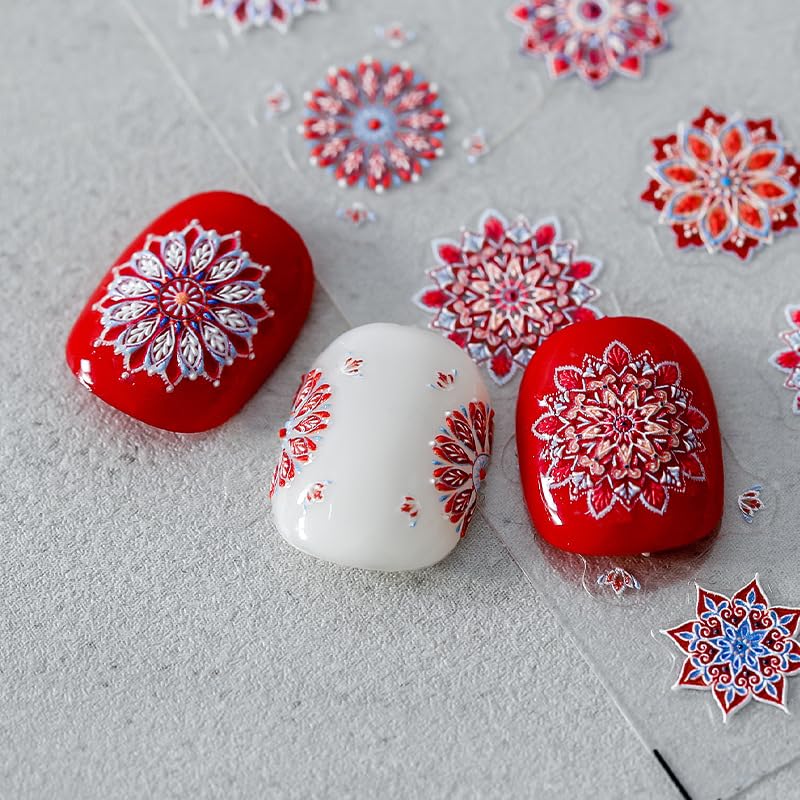 5D Embossed Nail Stickers Boho Nail Art Stickers for Nail Designs Red Bohemia Self-Adhesive Nail Art Decals for Women Girls Nail Art Decoration 1 Sheets (1, Red Bohemia)