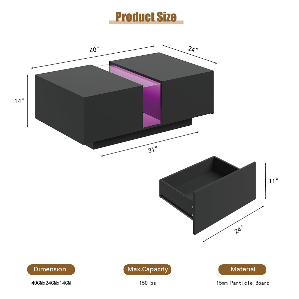 HedoAjim Black Led Coffee Table for Living Room, Rectangular Living Room Table with Storage, Acrylic Coffee Tables with 2 Sliding Drawers, Wood Center Table for Reception Dinning Room