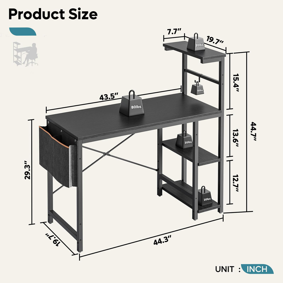 Bestier Gaming Desk with LED Lights, 44 Inch PC Gamer Desk for Small Spaces, Computer Desk with Reversible Storage Shelves & Side Storage Bag (Black Grained)