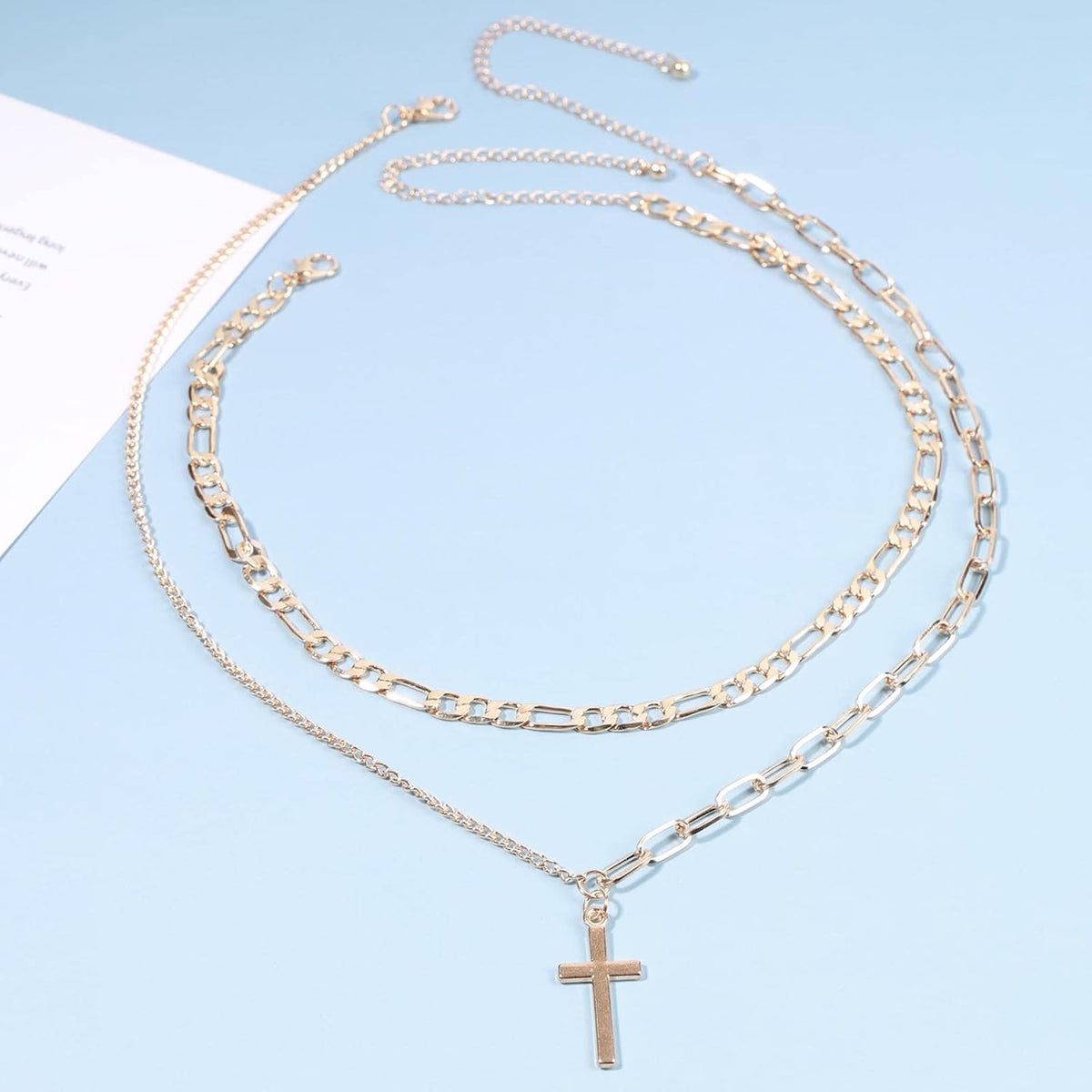 Vintage Layered Cross Necklace Choker Gold Cross Pendant Necklace Figaro Chain Necklace Layering Chunky Chain Choker Necklace Religious Jewelry for Women and Girls