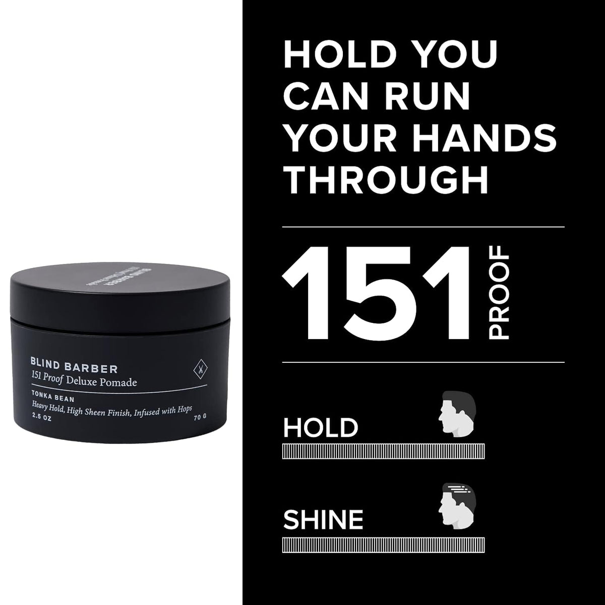 Blind Barber 151 Proof Deluxe Hair Pomade for Men - Water Based Pomade with Hops & Tonka Bean - Heavy Hold & High Shine Finish - Free of Parabens and Sulfates (2.5 oz)