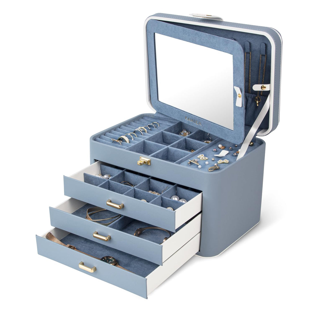 KAMIER Jewelry Boxes for Women, 4 Layer Jewelry Organizer with Mirror, 3 Drawers, Large Jewelry Box for Bracelets, Earrings, Rings, Necklaces, Mothers Day Gifts for Loved One, Bluish Grey