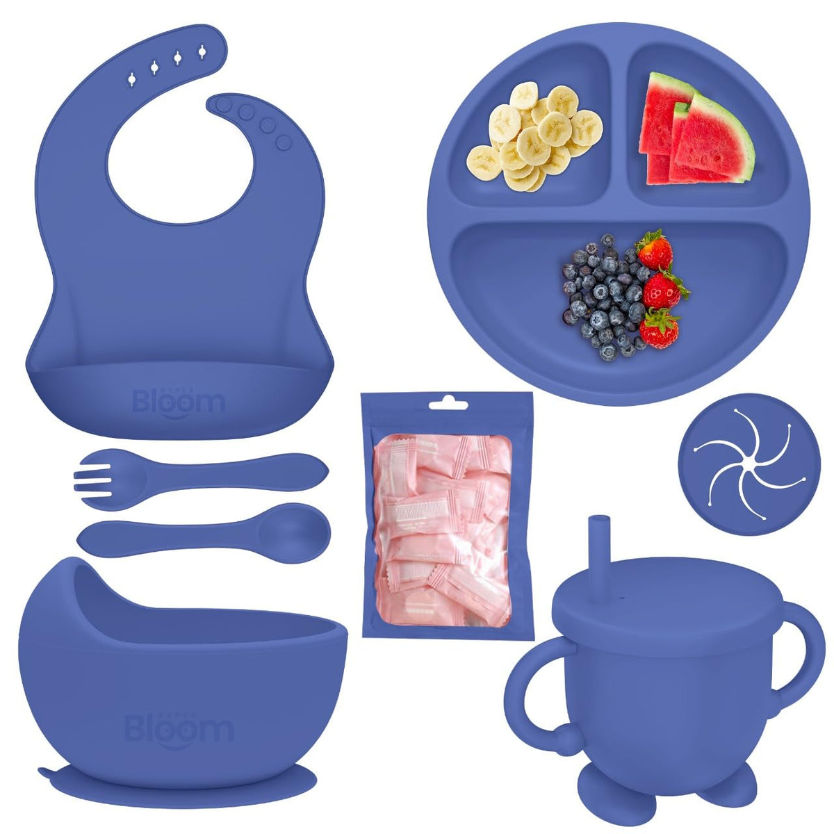 Premium Silicone Baby Feeding Set, Baby Led Weaning Supplies, Suction Bowl, Suction Plate, 3 in 1 Cup, Bib, Stage 1 and 2 Spoon & Fork, Toddler weaning supplies, Baby feeding essentials (Dark Blue)