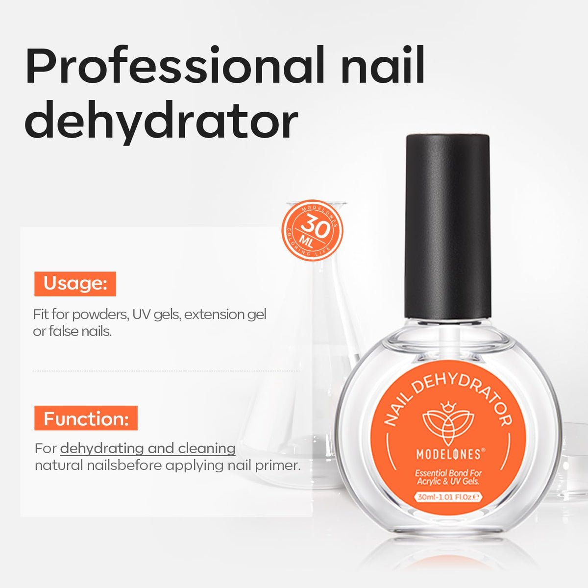 modelones Nail Dehydrator, 30 ml Nail Prep Dehydrator for Press Ons/Acrylic Nails/Gel Polish, Acid Free Natural Prep Dehydrate Acrylic Supplies