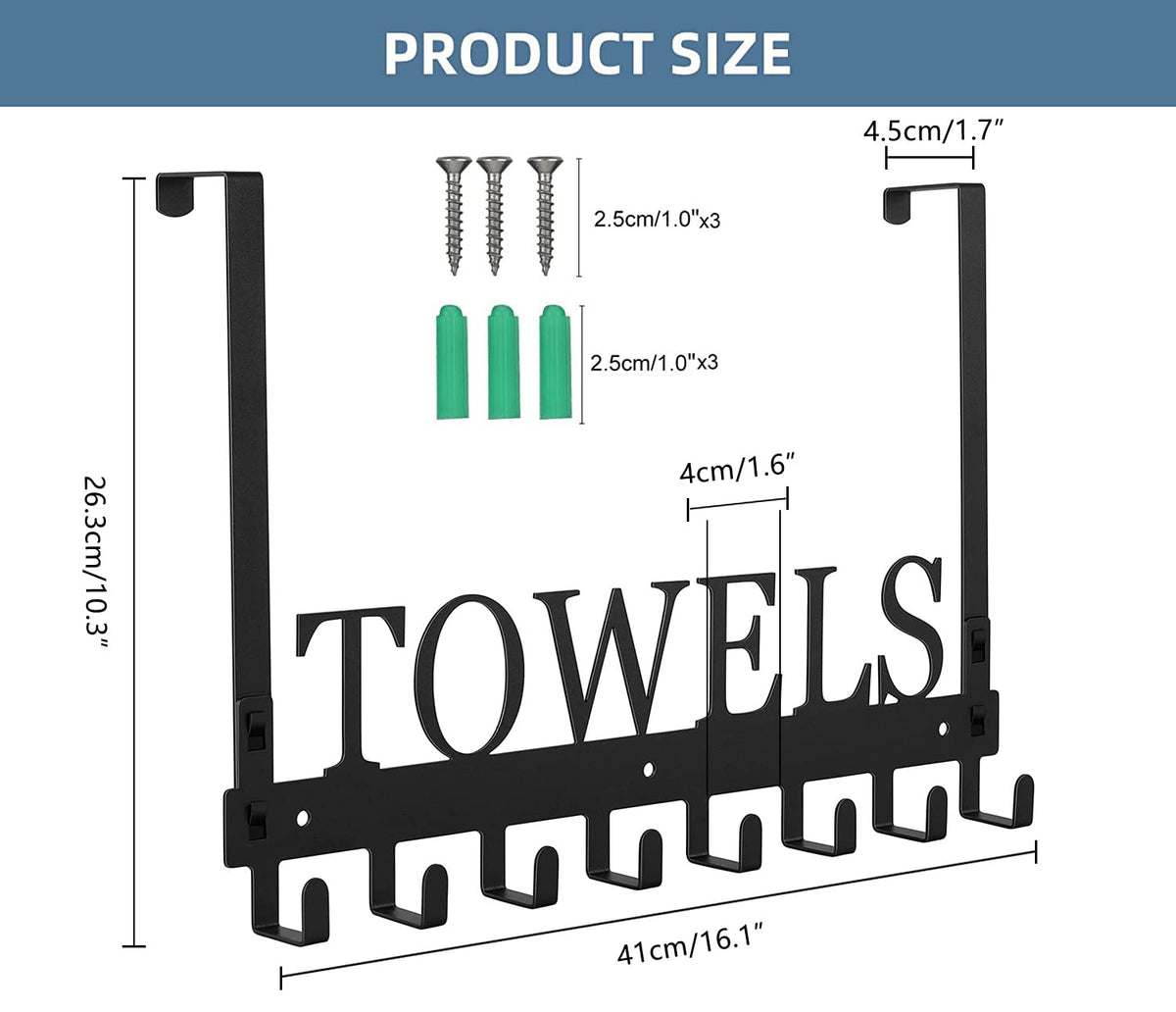 Azmoncy Over The Door Hooks, Towel Rack for Bathroom Towel Holder for Hanging Heavy Duty, Wall Mount Towel Hanger with 8 Hooks for Bedroom Bathroom Pool Kitchen Towels, Bag, Coats, Black