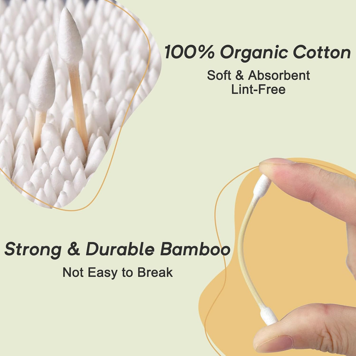 Organic Cotton Swabs 1000 Count in Storage Box, Double Pointed Cotton Swabs with Durable Bamboo Sticks, for Nail, Makeup, and Personal Use