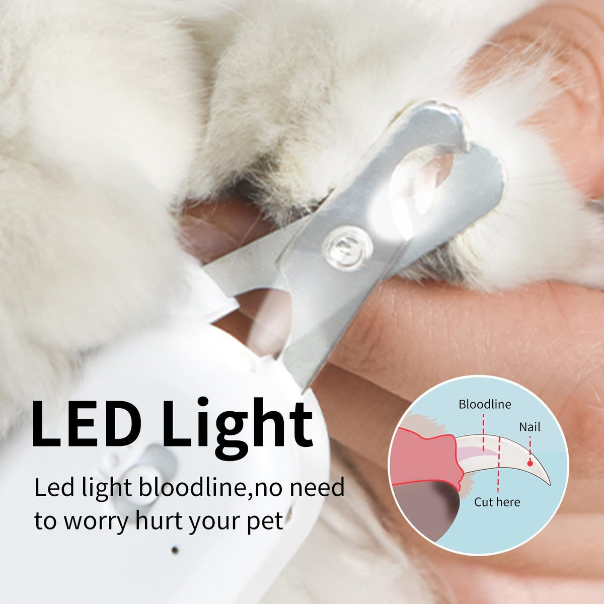 PAKEWAY Pet Nail Clipper with LED & -U-V Light, Cat Claw Trimmer with Ultra Bright LED Light for Nail Bloodline to Avoid Over Cutting, Sharp Angled Blade Grooming Tool for Dog Cat Rabbit Small Animals