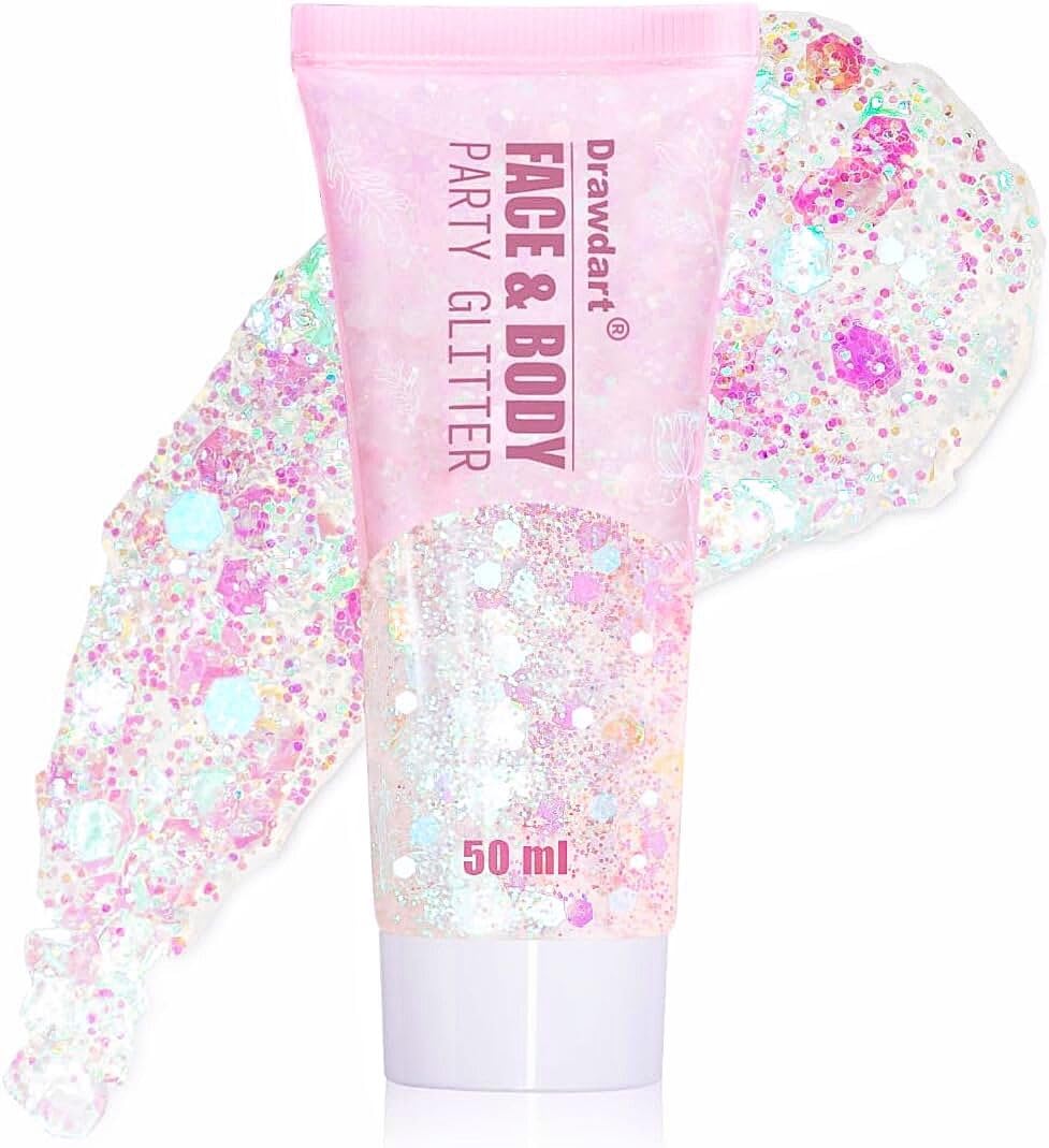 Drawdart Clear White Body Glitter Gel, Long-Lasting Glitter for Women Kids, Sparkly Holographic Shimmer Gel for Festival Concert Halloween Rave Mermaid Makeup, Cosmetic Grade Body&Hair Glitter, 50ml