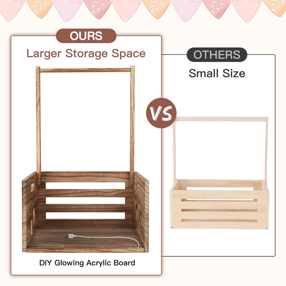 taessv Baby Shower Crate Closet Wooden Baby Shower Basket for Newborn Boys Girls Distinctive Baby Storage Basket with Light Up Welcome Baby Gift for New Parents (Brown)