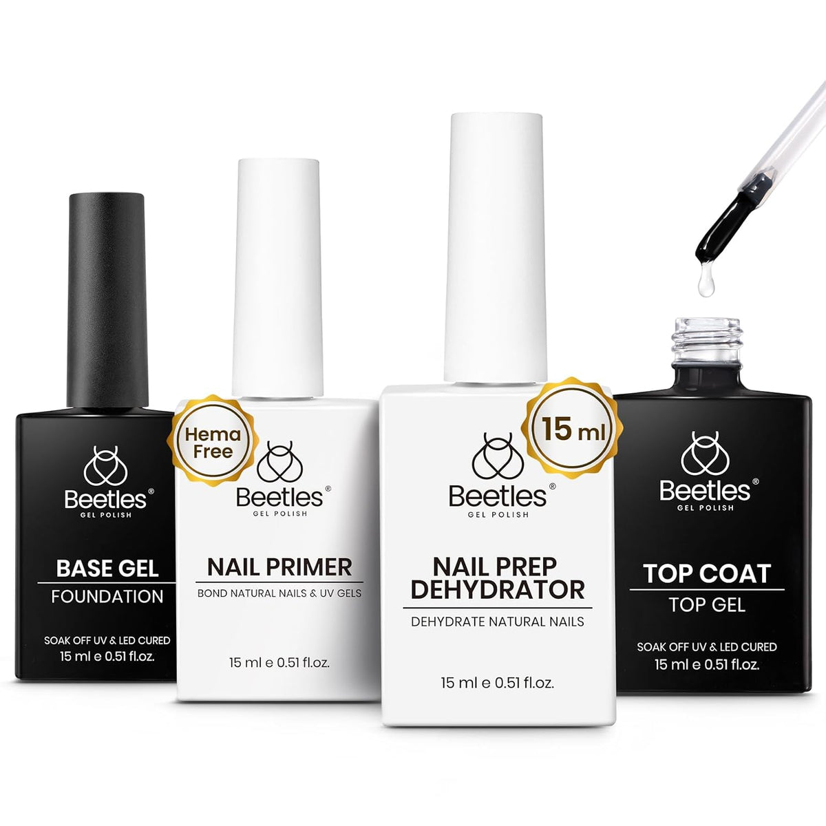 Beetles 4 Pcs 15ml Gel Top Coat and Base Coat Set with Nail Dehydrator and Primer,Professional Nail Prep Acid-Free & Hema-Free Dehydrate Bond Primer Set for Acrylic and Gel Nail Polish