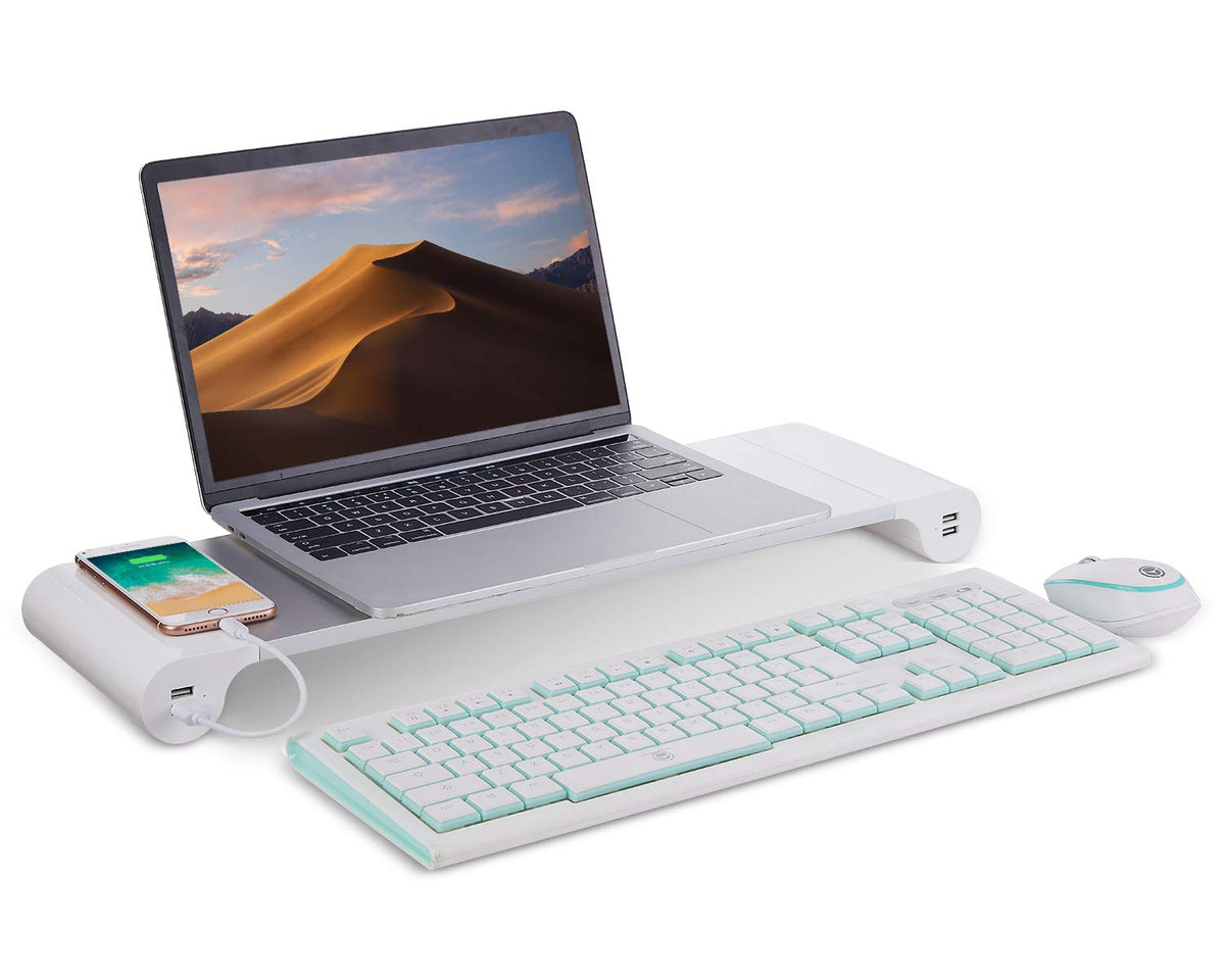 PG Desktop monitor stand with 4 USB charging ports - Convenient keyboard organiser and monitor raising stand for laptops, TVs, printers, fax machines and computers - Convenient desktop organiser
