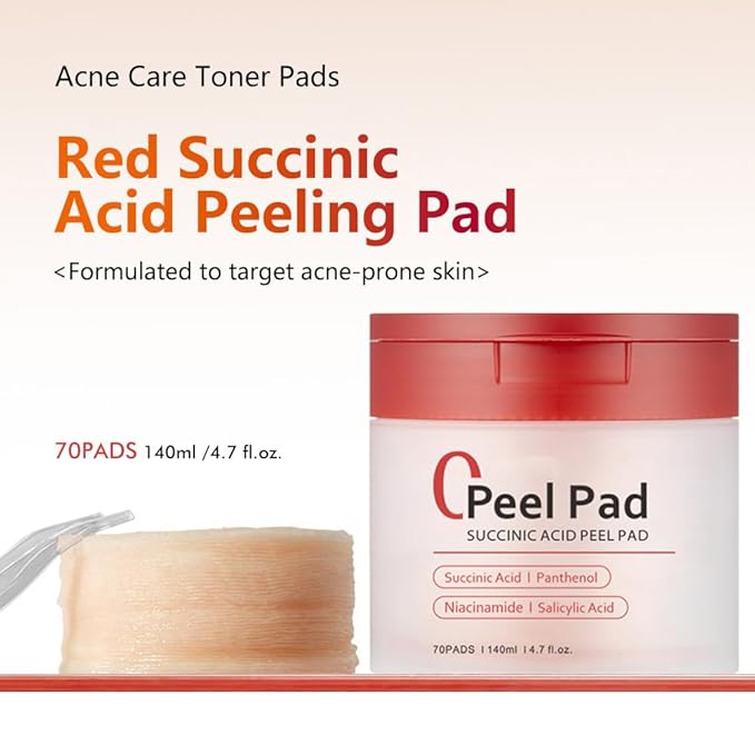 Succinic Acid Peel Pads 2.0, Dual-Textured Facial Toner Pads with AHA/BHA,Gentle Exfoliating Toner 𝐏ad- 70 Count (Red)