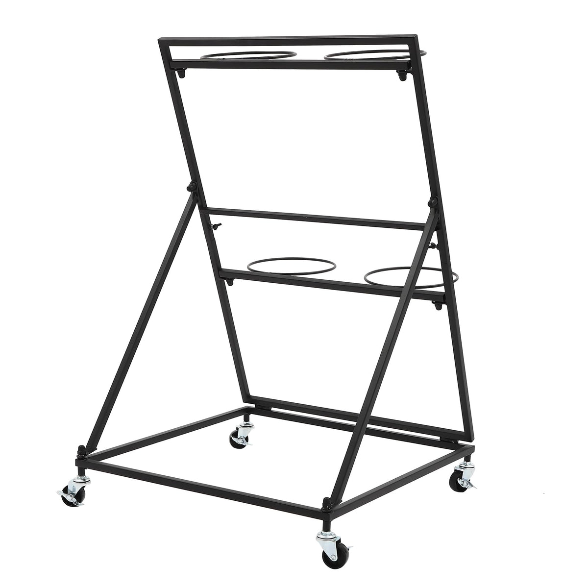 Nozue Flower Display Stand, with 4pcs Buckets, 2 Layers Metal Plant Stand with Wheels, Heavy Duty Detachable Plant Moving Cart Frame for Indoor, Living Room, Florist (Black- Black round bucket)