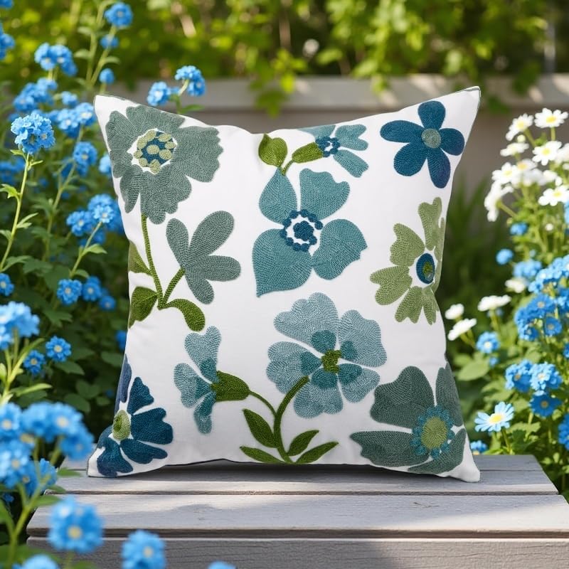 Tosleo Embroidered Throw Pillow Covers 18x18 inch Pack of 2 Blue Blossoms Spring Decorative Pillowcases Farmhouse Coastal Pillow Cushion Cases Home Decor Square Floral Pillow Case