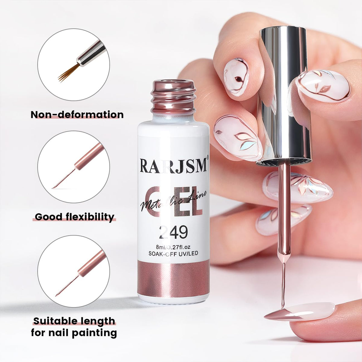 RARJSM Metallic Chrome Gel Liner Nail Art 3D Mirror Bronze Gold Rose Gold Effect Gel Nail Polish 8ml Painting Build in Thin Brush Metal Painted Drawing Striper GelPolish Curing Requires Home Salon