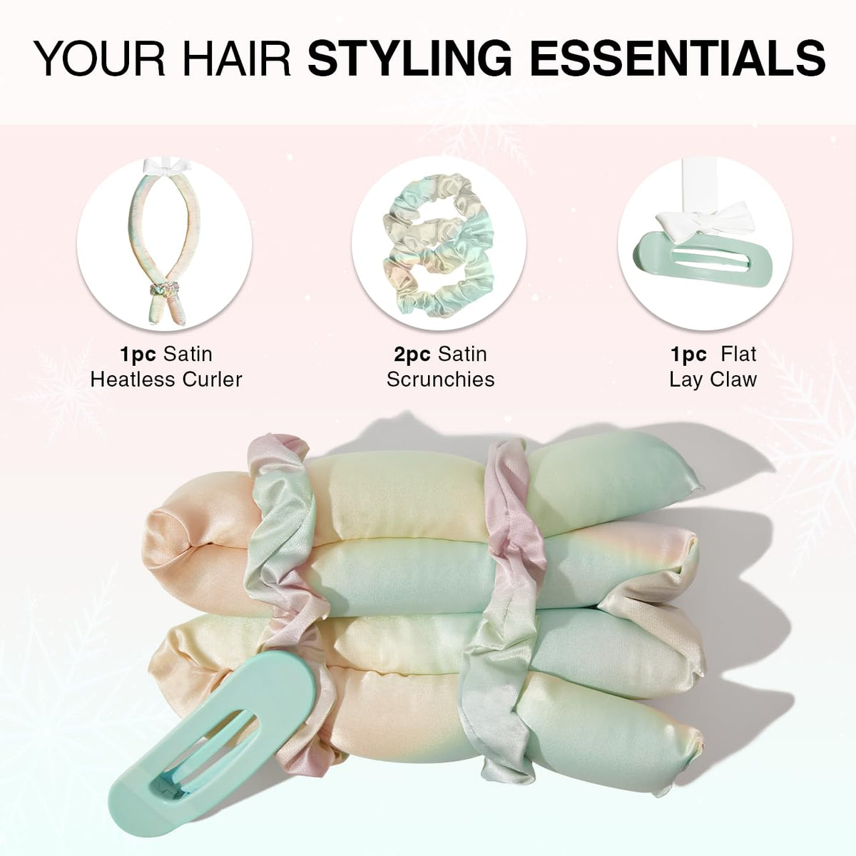 Kitsch Holiday Hair Hero XL Satin Heatless Styling & Flat Lay Claw - Heatless Curls & Waves, Extra Large Curling Rods, Satin Scrunchies & Claw Clip for Hair Protection, Gifts for Women- 4pc set, Aura