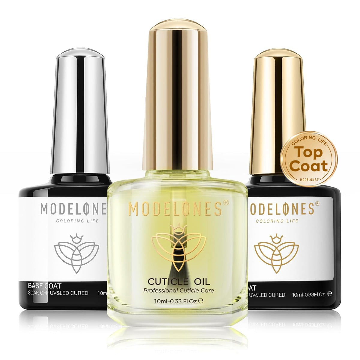 modelones 3 Pcs Gel Top Coat & Base with Cuticle Oil Set,10 ml Cuticle Protectors Set Gel Nail Polish No Wipe Base Gloss Top Coat & Nail Oil