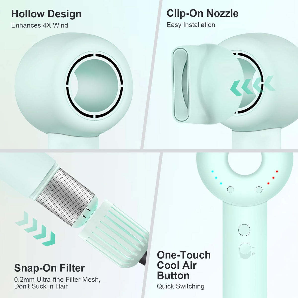 160000 RPM High Speed Hairdryer, Brushless Motor, 500 Million Negative Ionic Blow Dryer, Travel Fast Drying Hairdryer, Low Noise, Lightweight, Quiet Blowdryer with Nozzle, Home Use, Mint Green