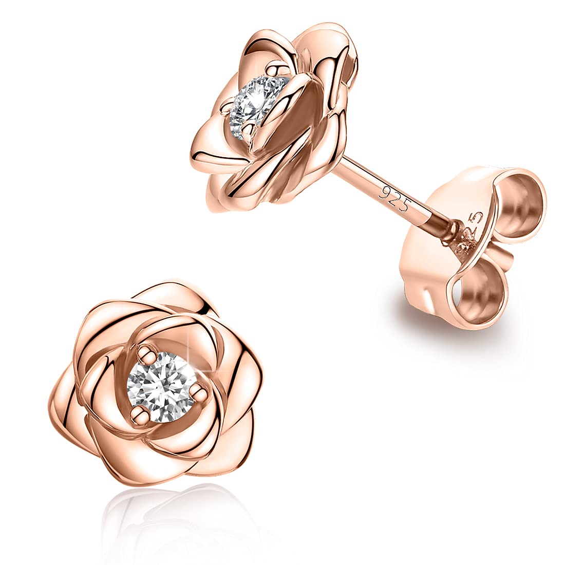 Rose Gold Plated Sterling Silver Rose Flower Earring Studs, Hypoallergenic & Nickel Free Earrings for Women(12.5mm)