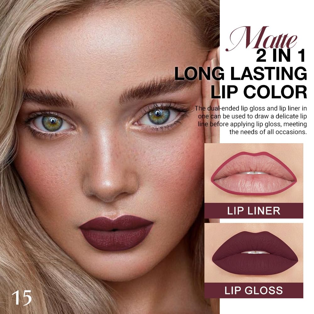 evpct 1Pcs Dark Oxblood Red Matte Lip Liner and Liquid Lipstick Stain Makeup Set for women, Red Long Lasting Smudge Proof Lipstick labiales matte mate larga duracion listip 24 hours originales,15#