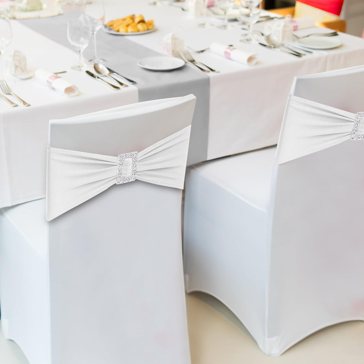 Joccun 30 PCS Spandex Chair Sashes Bows Stretch Chair Cover Band with Buckle Slider Universal Elastic Chair Ties for Wedding Banquet Party Event Decoration (White)