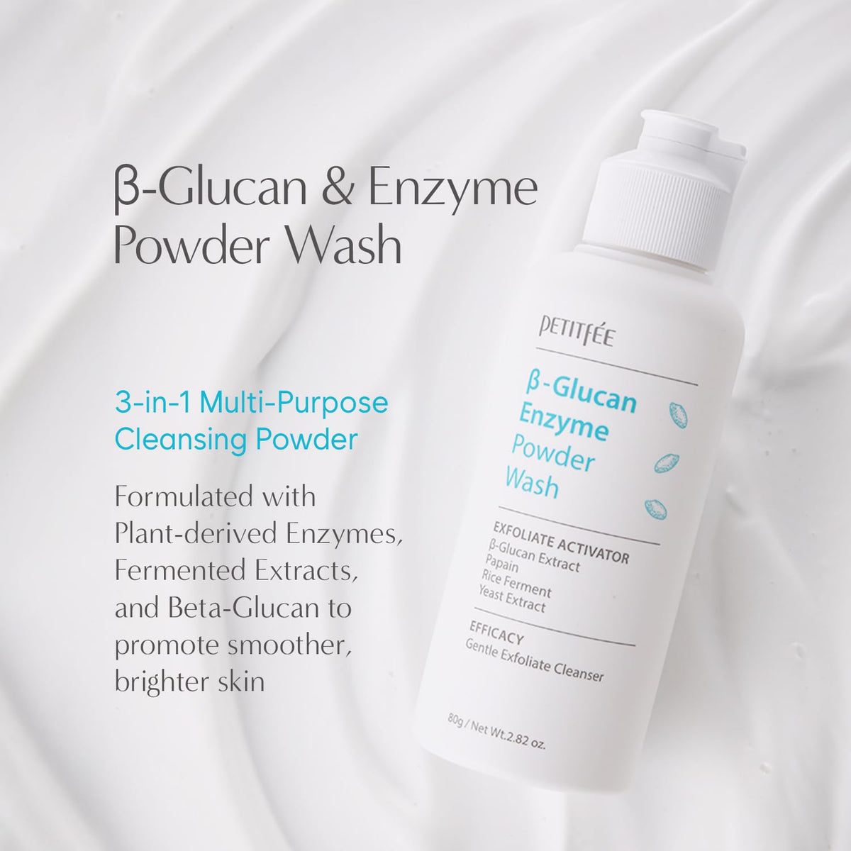 Petitfee B-Glucan Enzyme Wash, Facial Cleanser, Cleansing Powder with Papaya Extract Papain, Rice Ferment Extract for Gentle, Daily Exfoliation, Powder Soap, Cleansing Mask (80g (2.82o.z))