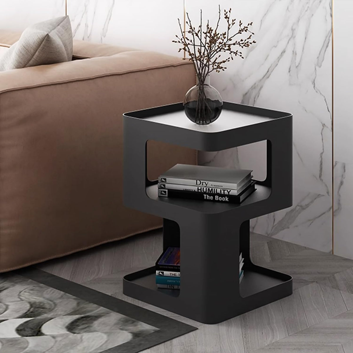 BUZUEY Side Table,Modern end Table,Black Metal nightstand,Bedside Tables,Accent Table with Storage for Living Room Bedroom entryway Couch,no Assembly Required,Unique Furniture.