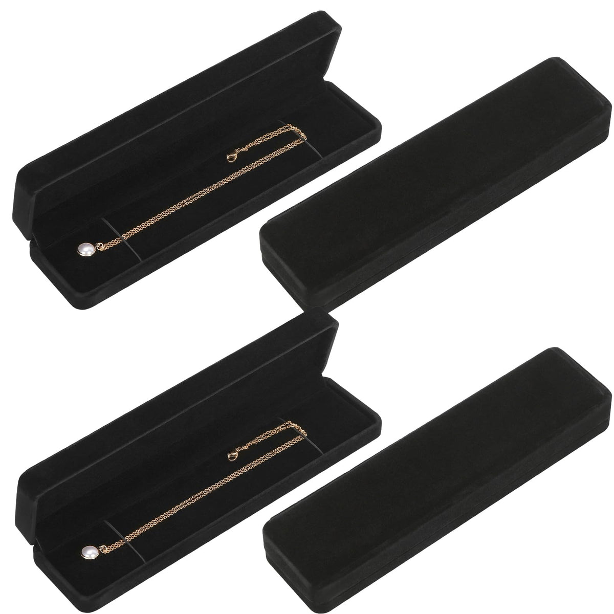 LETURE 4 Pieces Velvet Bracelet Necklace Pendant Jewelry Box, Small Long Jewelry Watch Gift Box for Proposal, Wedding, Engagement, Christmas (BLACK-4PCS)