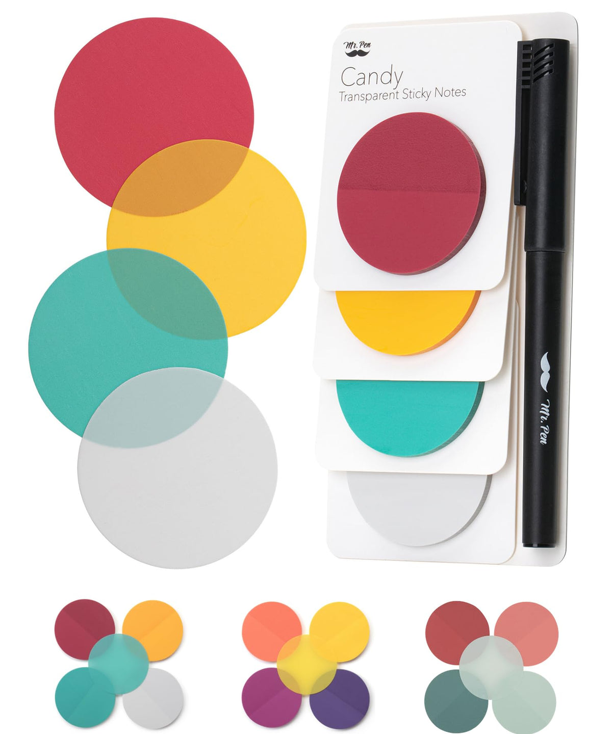Mr. Pen Bible Tabs - Transparent Sticky Notes, 200 Pcs, Candy Colors, Round, See Through