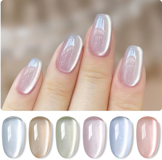 Double Rhythm 6 Colors Cat Eye Gel Polish Set Shimmer Glitter with Magnet Holographic Reflective Magnetic UV Nail Art Kit (Jelly Glass Silver Nude Pink-6-Kit 24)