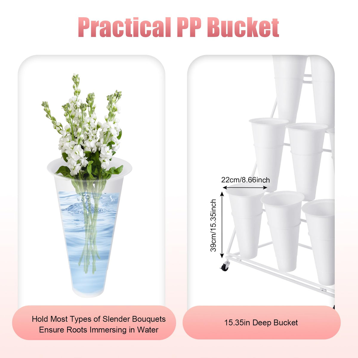 HuaShuani Flower Display Stand with 9 Buckets, 3 Tiers Metal Mobile Florist Bouquet Stand Flower Cart with 4 Wheels for Indoor Outdoor Patio Garden, Living Room, Florist