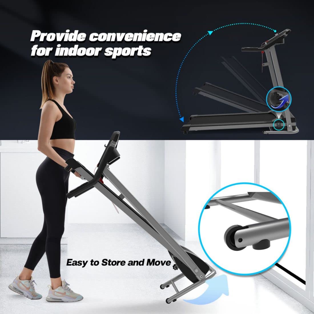 HomJoones Home Foldable Treadmill with Incline, Folding for Workout, Electric Walking Machine 15 Preset or Adjustable Programs 250 LB Capacity MP3 Black, 48/''*24/''*48/''