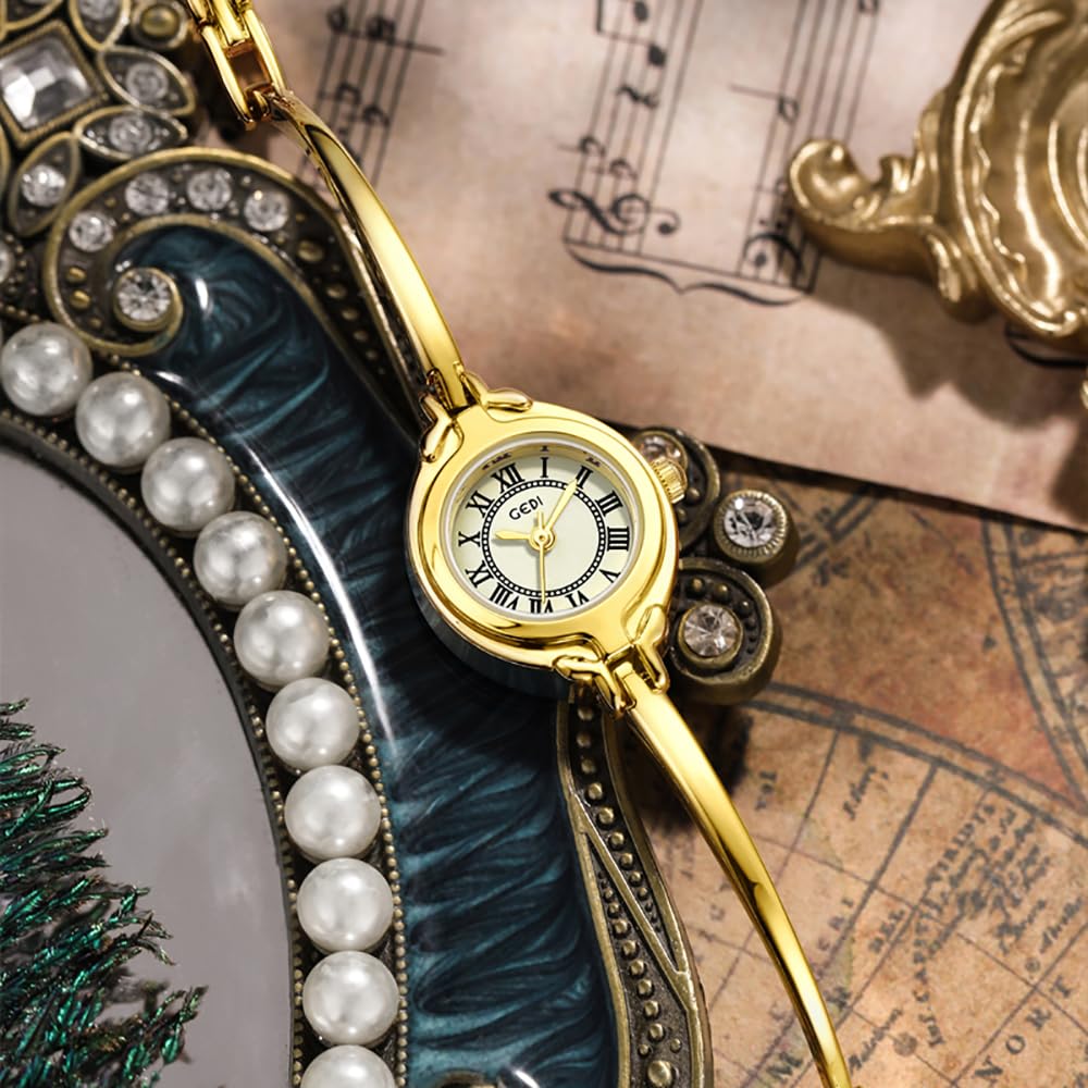 Gosasa Classic Vintage Bangle-Style Women's Watch with Small Dial and Thin Strap Elegant Dress Analog Ladies Wristwatch Fashion Waterproof Quartz Women Gold Watch (Gold)