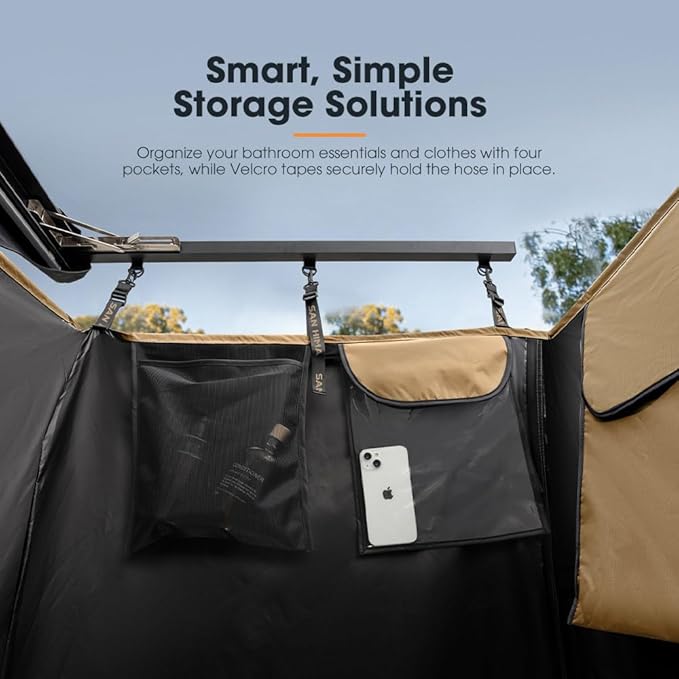 SanHima Awning Shower Tent with Roof - Car Side Shower Room w/LED Light, Camping Waterproof Portable Privacy Shelter Bathroom Overland, Khaki