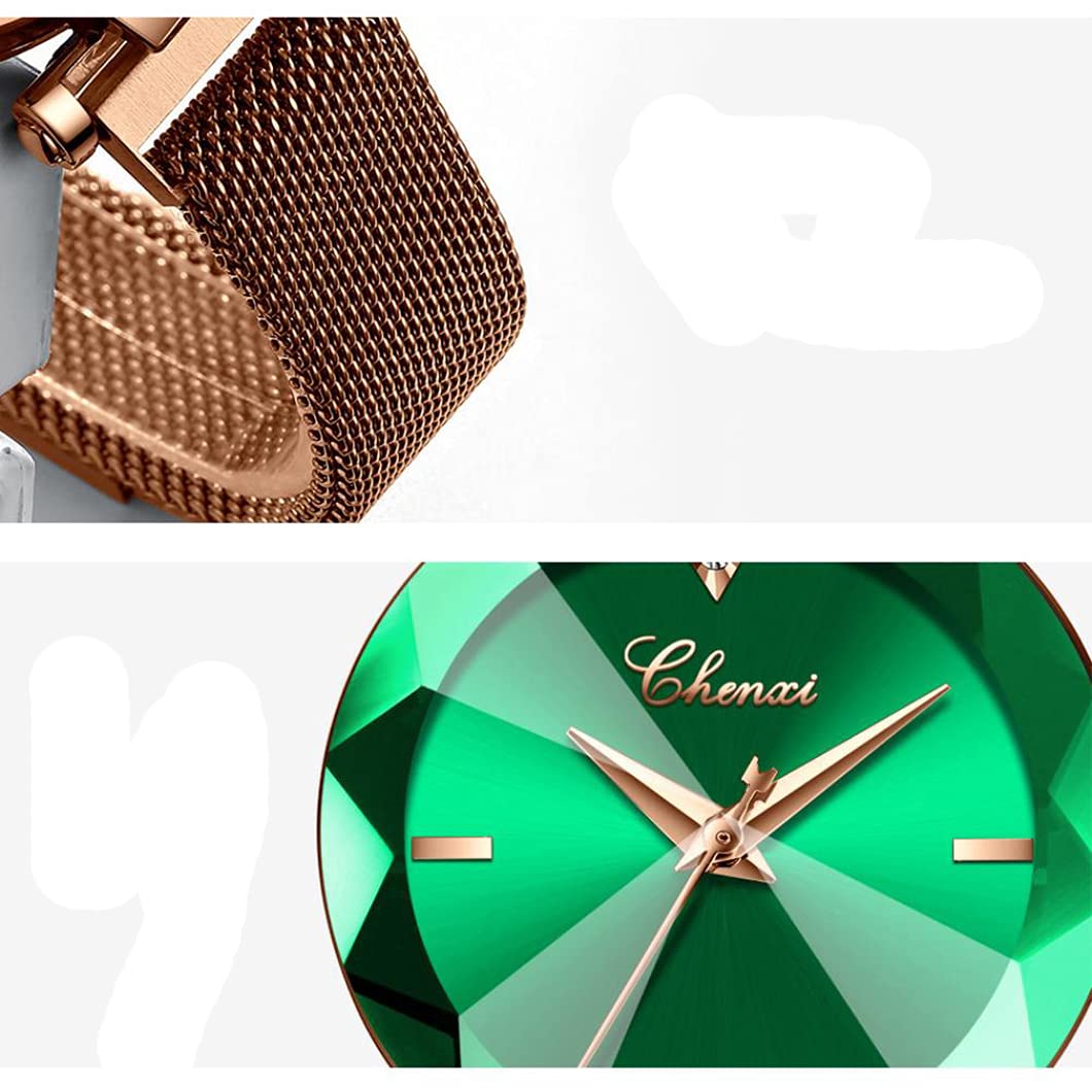SENRUD Women's Watches Fashion Shine Crystal Cutting Mirror Wrist Watch Rose Gold Stainless Steel Mesh Band Waterproof Analog Quartz Watches (A Green)