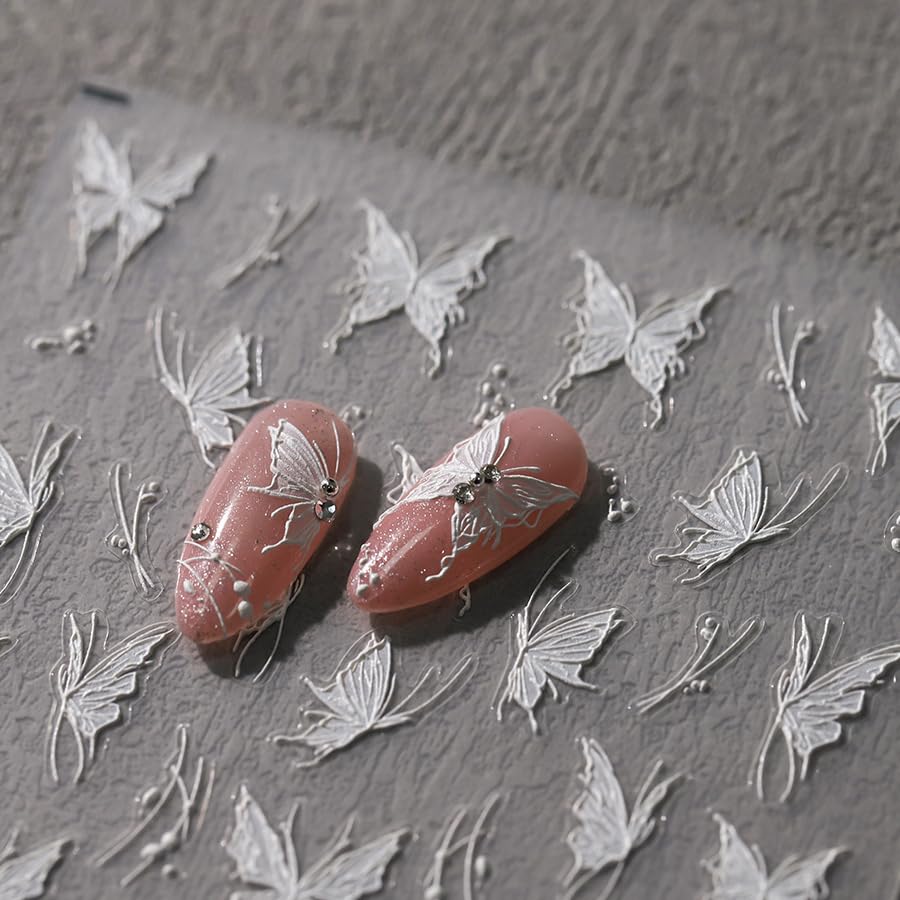 Butterfly Nail Stickers 5D Embossed Nail Art Decals Self-Adhesive White Butterfly Nail Stickers for Nail Art DIY Nail Art Decorations Supplies for Women (1, White Butterfly)