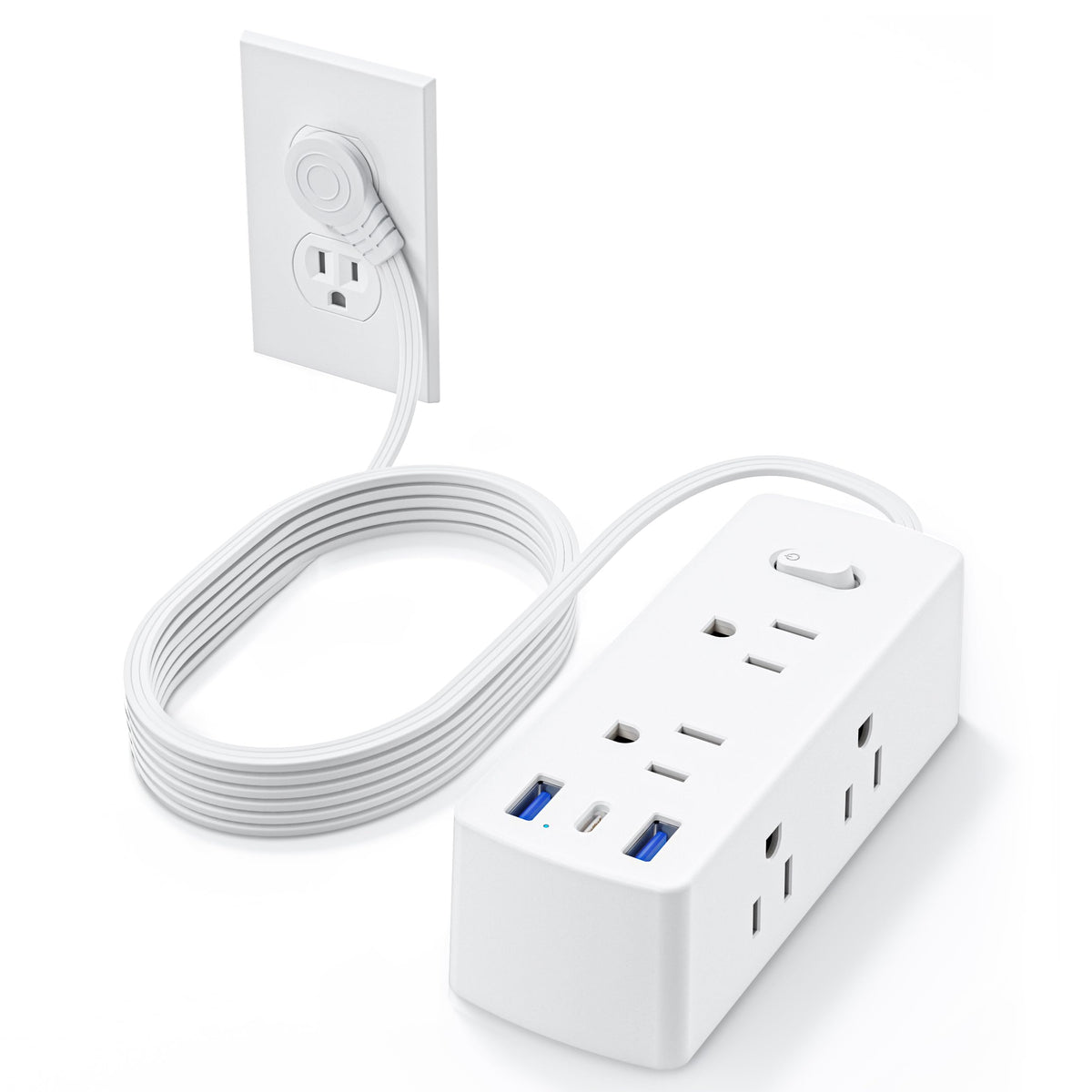 Flat Extension Cord with Outlet Cover, Olcorife Flat Plug Power Strip with 6 Outlets and 3 USB Ports, 2000 Joules Surge Protector, 5 FT Cord Hidden Outlet Extender for Tight Spaces