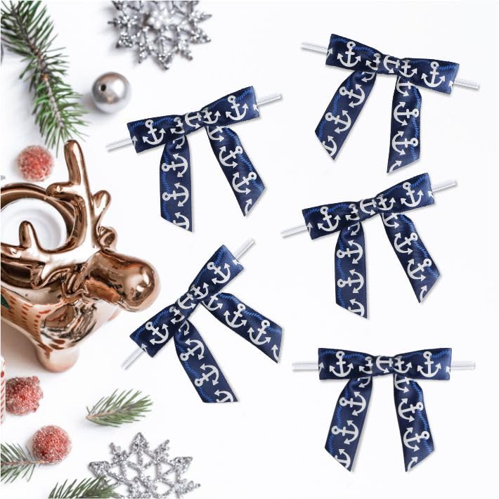 Meseey 30 Pcs Nautical Ribbon 3 Inch Navy Blue White Stripes Anchor Twist Tie Bows for for Beach Coasta Gift Wrapping, Baby Shower,Wedding, Party Favors, Cake Pops,Treat Bags (Nautical Bow)
