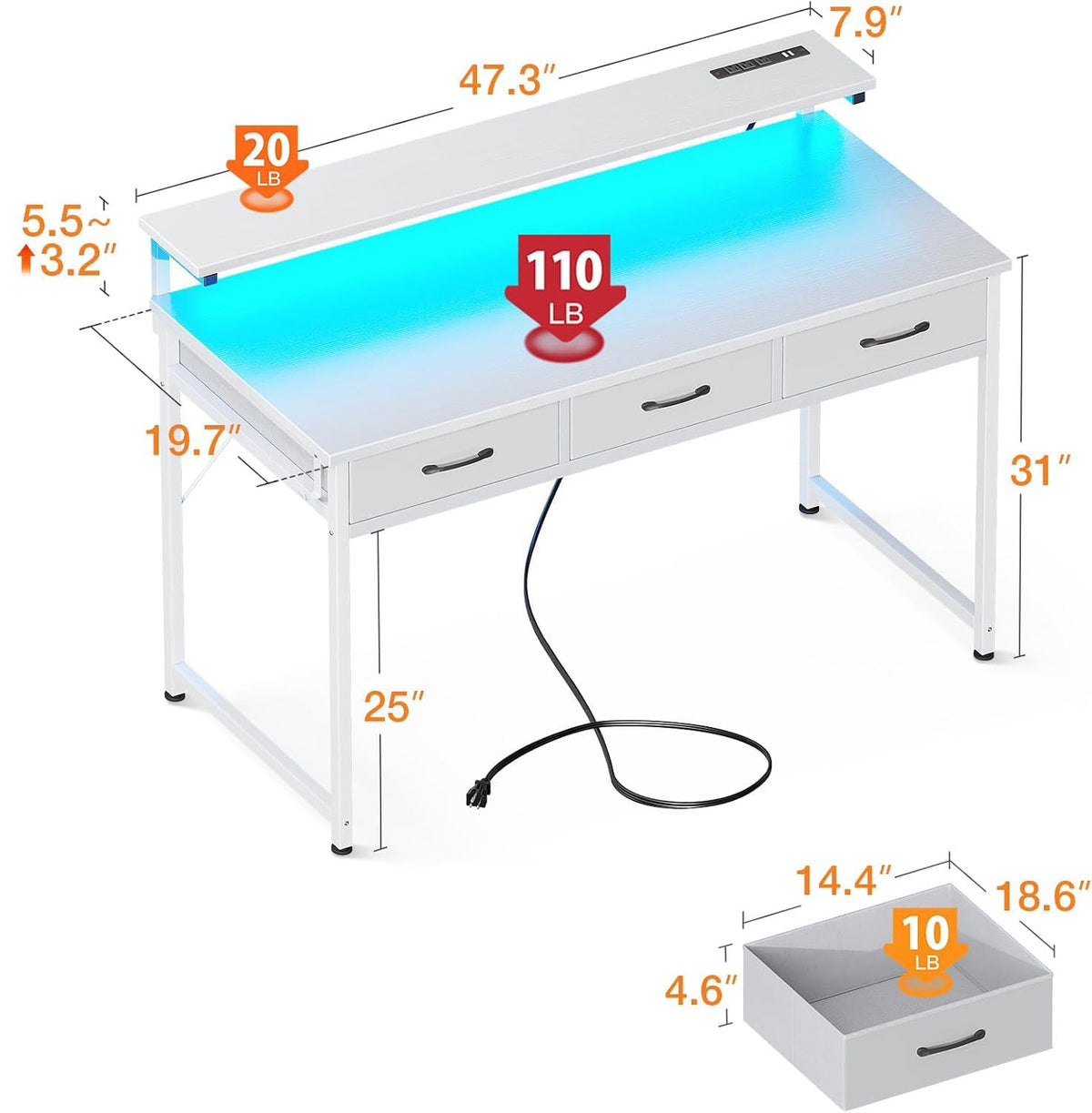 ODK 48 Inch Computer Desk with 3 Drawers and USB Power Outlets, Home Office Desks with LED Lights and Adjustable Monitor Stand, Work from Home, Modern Work/Writing/Study Table for Bedroom, White