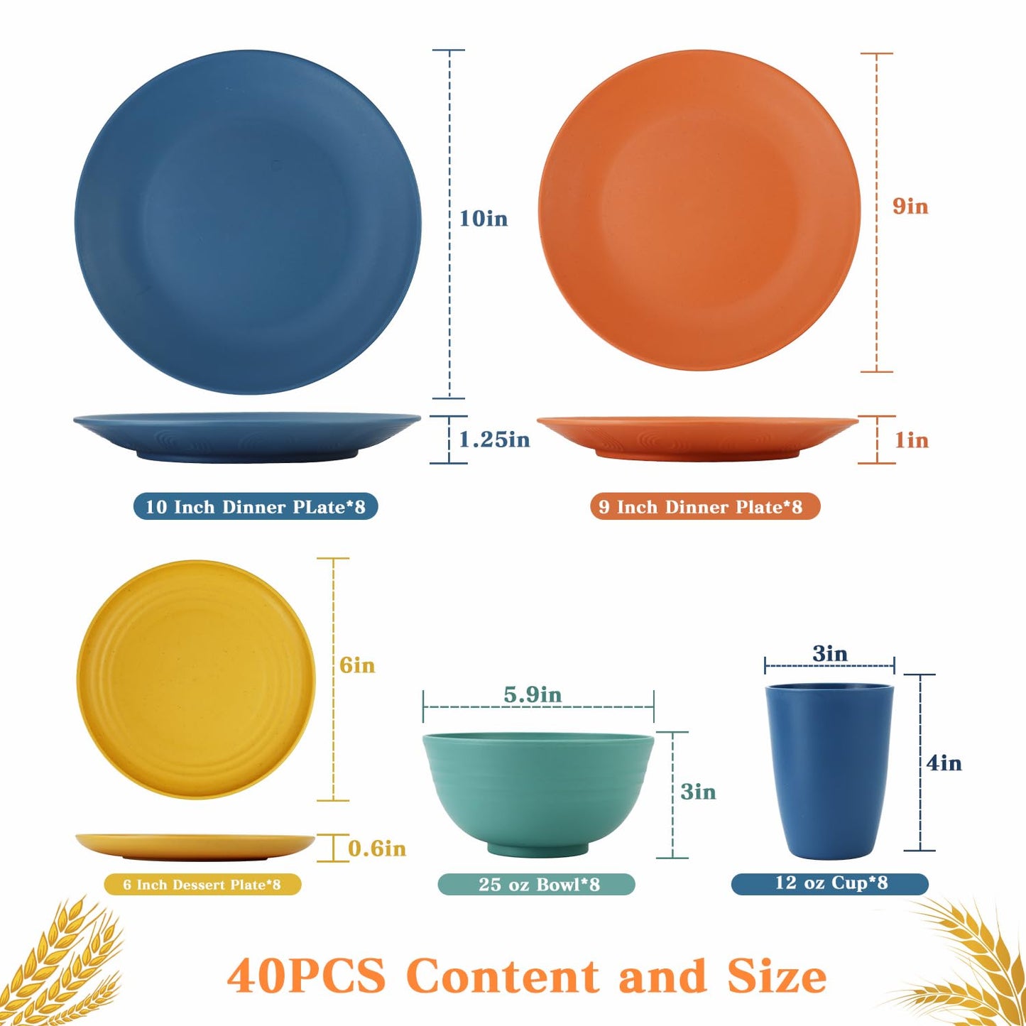 SINOGE Wheat Straw Dinnerware Sets, 40PCS Kids Dinner Plates and Cereal Bowls Set, Microwave and Dishwasher Safe Cups Set for 8, Lightweight Unbreakable Kitchen Dishes Dinnerware Sets- Multi